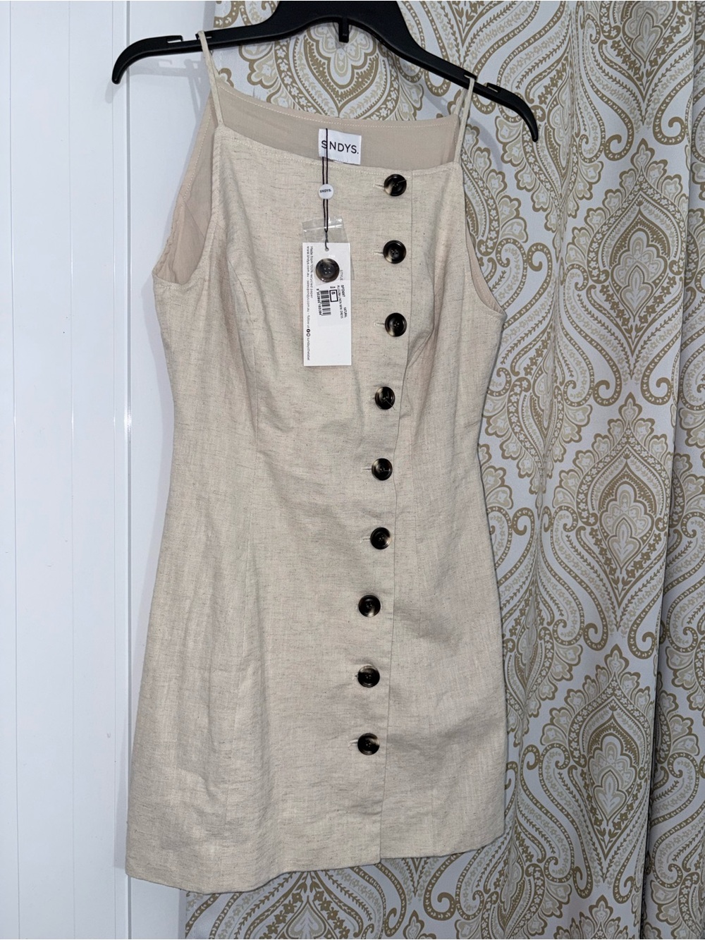 Beige Button-Front Linen Blend Dress